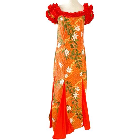 T&L Muumuu Factory Orange Puff Sleeve Vintage Hawaiian Aloha Dress Floral Ruffle - Picture 12 of 13